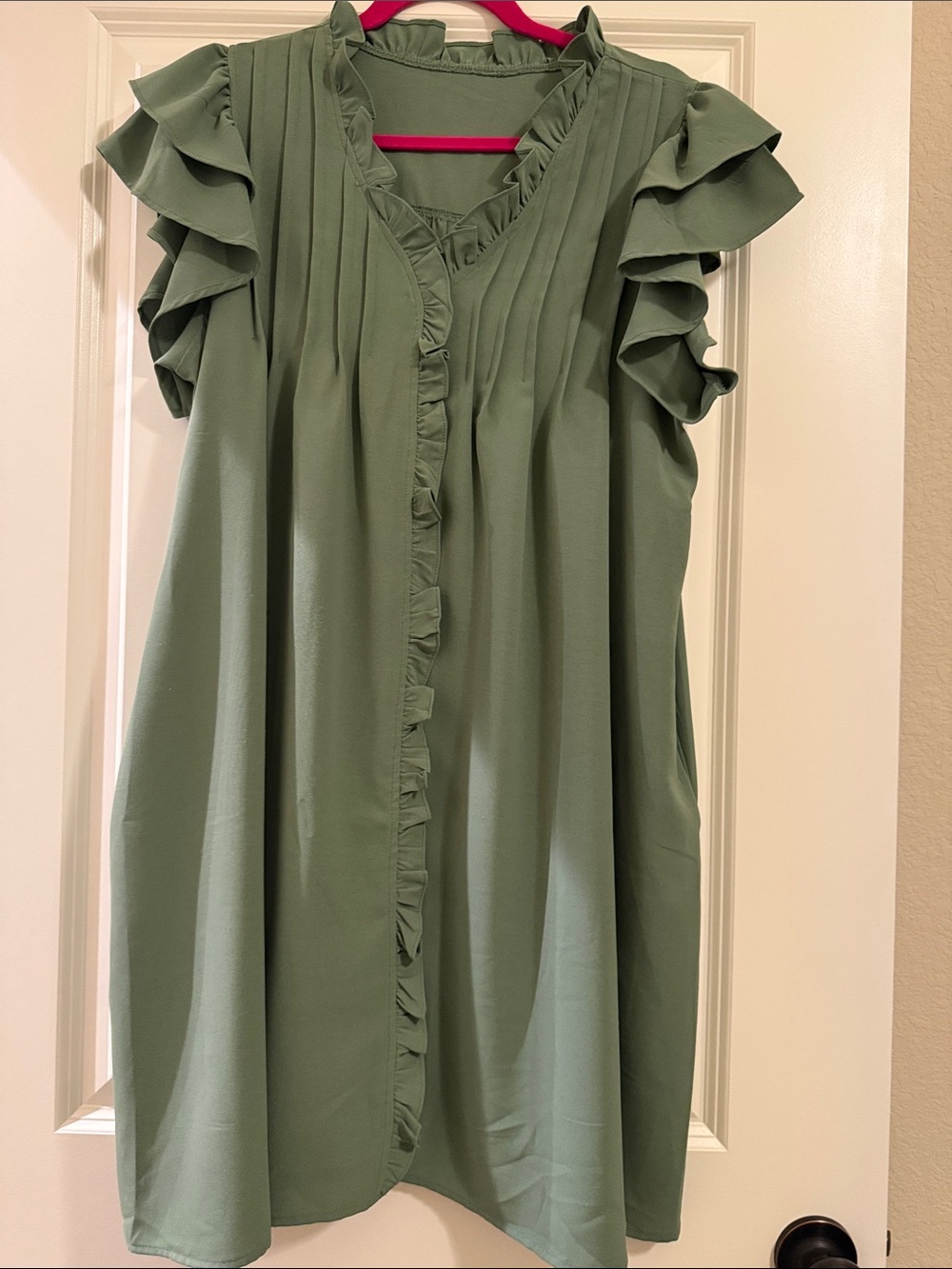 Ruffled V-Neck Flutter Sleeve Dress- Sage Green- 100% polyester, very soft